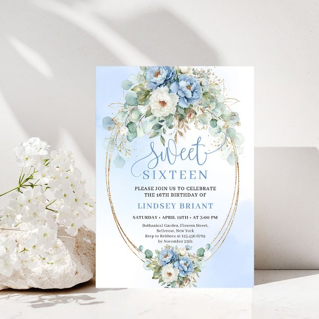 Modern Dusty Blue Peonies Eucalyptus Gold Sweet 16 Invitation (Modern Dusty Blue Peonies Eucalyptus Gold Sweet 16)