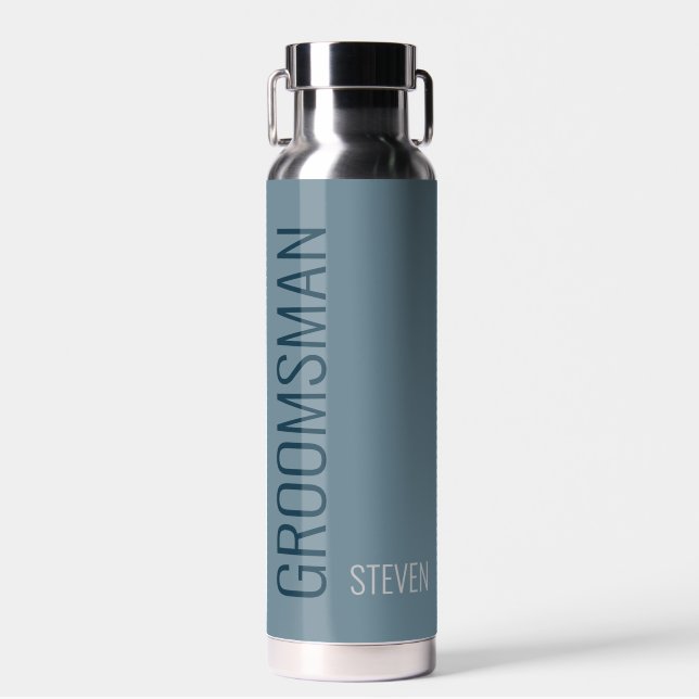 Modern Dusty Blue Personalised Groomsman Water Bottle (Front)