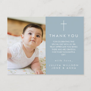 Modern dusty blue Photo Baptism Thank You Postcard