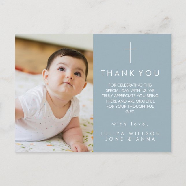 Modern dusty blue Photo Baptism Thank You   Postcard (Front)