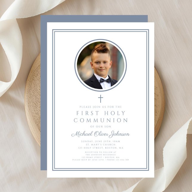 Modern Dusty Blue Photo Boy First Holy Communion Invitation (Modern Dusty Blue Photo Boy First Holy Communion Invitation
)