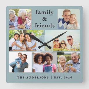 Modern Dusty Blue Photo Collage Family Friends Square Wall Clock