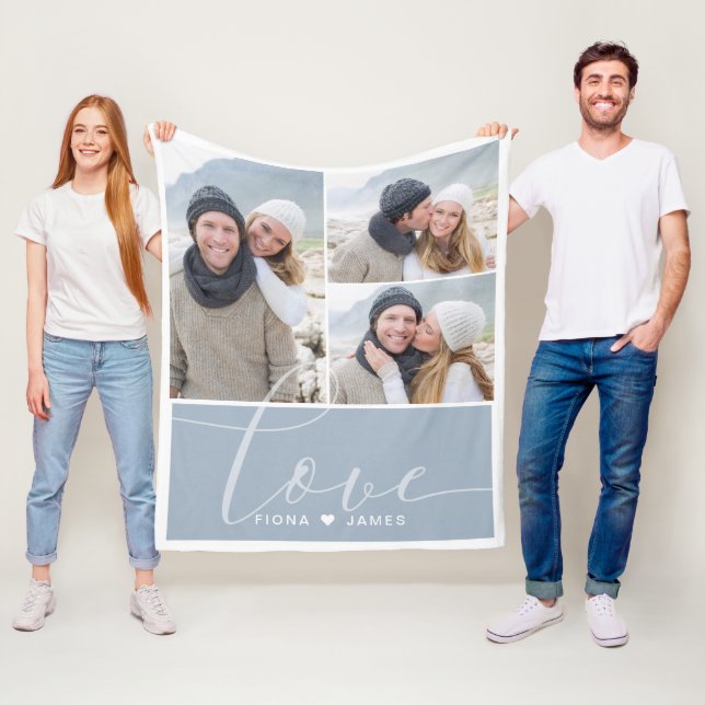 Modern Dusty Blue Photo Collage Love Personalised Fleece Blanket (In Situ)