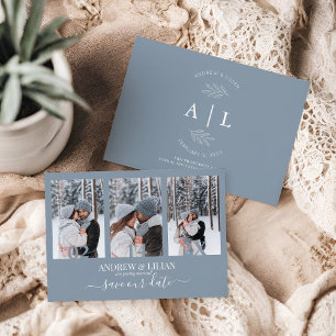 Modern Dusty Blue Photo Collage Monogram Wedding Save The Date