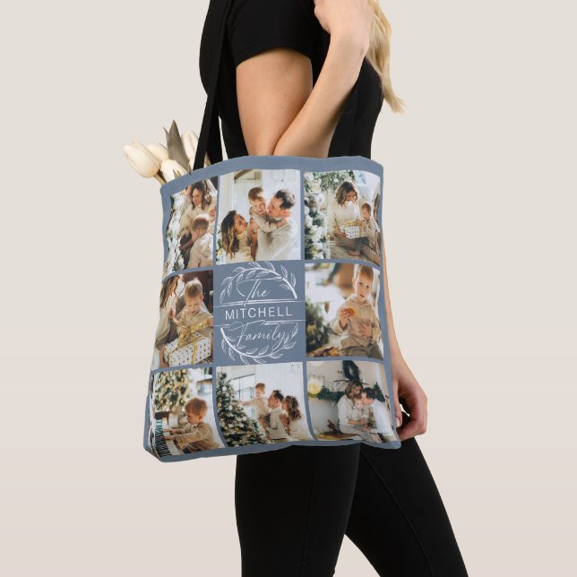 Modern Dusty Blue Photo Collage Personalised Tote Bag (Close Up)