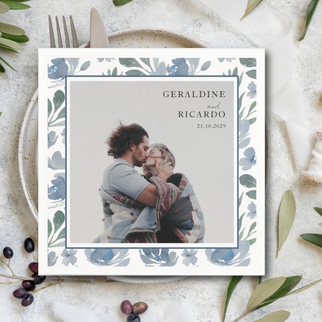 Modern Dusty Blue & Photo Wedding Napkin (Creator Uploaded)