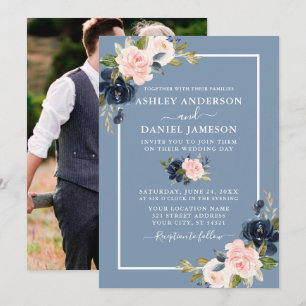 Modern Dusty Blue Pink Blush Floral Photo Wedding Invitation