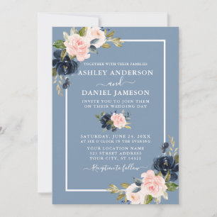 Modern Dusty Blue Pink Blush Floral Wedding Invitation