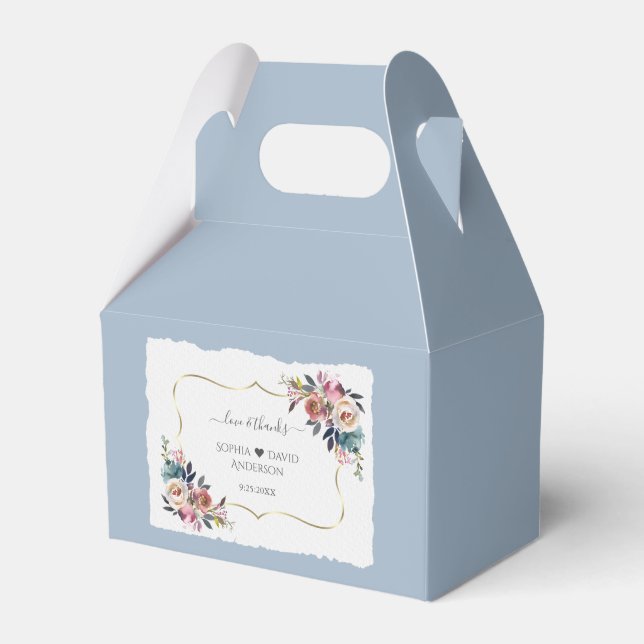 Modern Dusty Blue Pink Flowers Gold Wedding  Favour Box (Front Side)