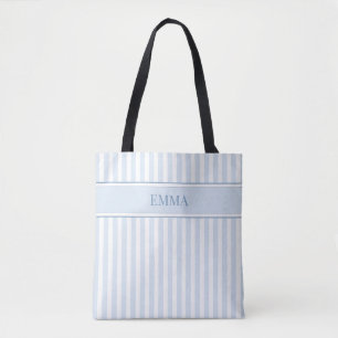 Modern Dusty Blue Preppy Stripes Personalised Name Tote Bag