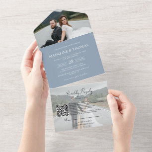 Modern Dusty Blue QR Code 2 Photo RSVP Wedding All In One Invitation