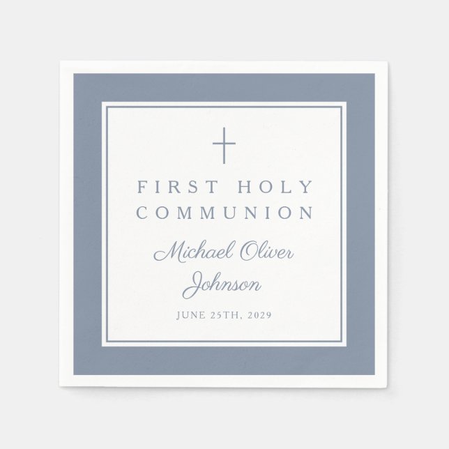 Modern Dusty Blue Religious Boy First Communion Napkin (Front)