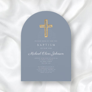 Modern Dusty Blue Religious Cross Boy Baptism Arch Invitation