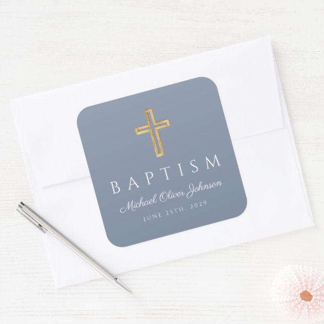 Modern Dusty Blue Religious Cross Boy Baptism Square Sticker (Envelope)