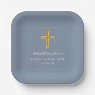 Modern Dusty Blue Religious Cross Boy Confirmation Paper Plate