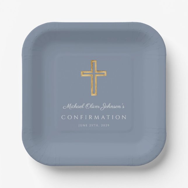 Modern Dusty Blue Religious Cross Boy Confirmation Paper Plate (Front)