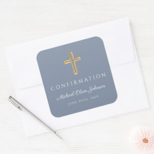 Modern Dusty Blue Religious Cross Boy Confirmation Square Sticker