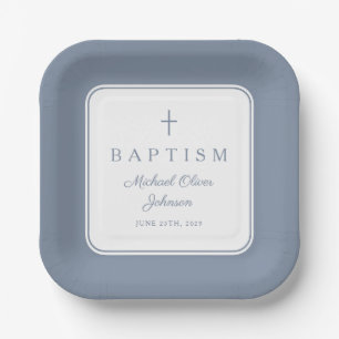 Modern Dusty Blue Religius Cross Boy Baptism Paper Plate