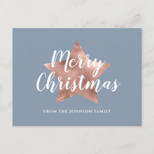 Modern Dusty Blue Rose Gold Star Merry Christmas  Postcard