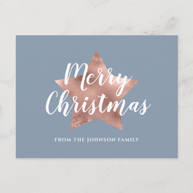 Modern Dusty Blue Rose Gold Star Merry Christmas  Postcard (Front)