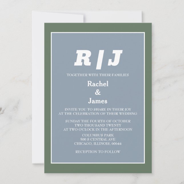 Modern Dusty Blue Sage Green White Minimal Wedding Invitation (Front)