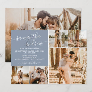 Modern dusty blue script 6 photos wedding invitation