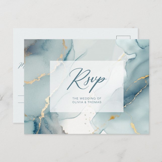 Modern Dusty Blue Script Beach Wedding Meal RSVP Invitation Postcard (Front/Back)