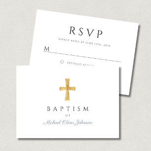 Modern Dusty Blue Script Cross Boy Baptism  RSVP Card