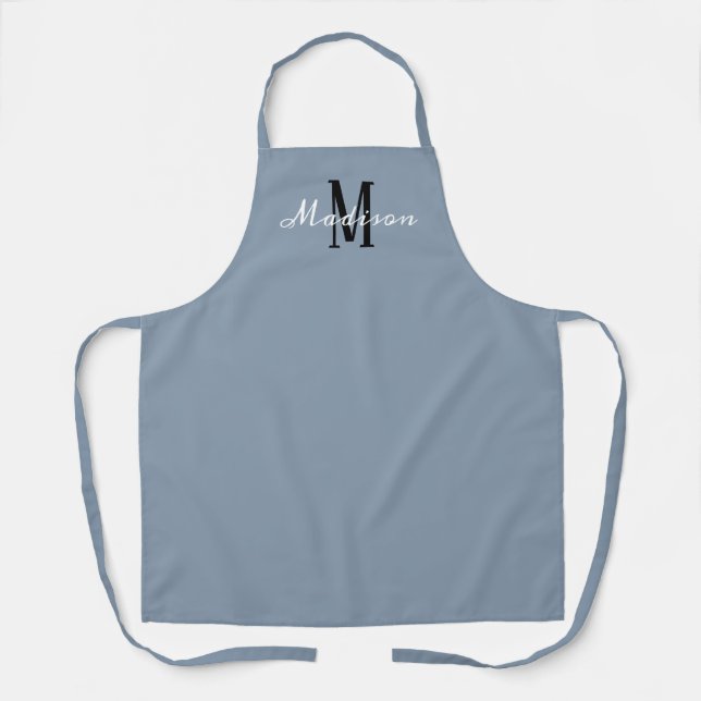 Modern Dusty Blue Script Monogram Name Baking Apron (Front)