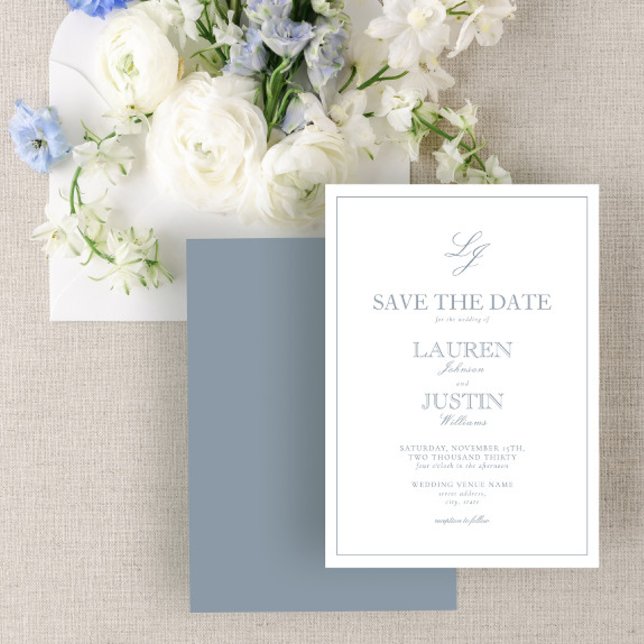 Modern Dusty Blue Script Monogram Save the Date Invitation (Creator Uploaded)