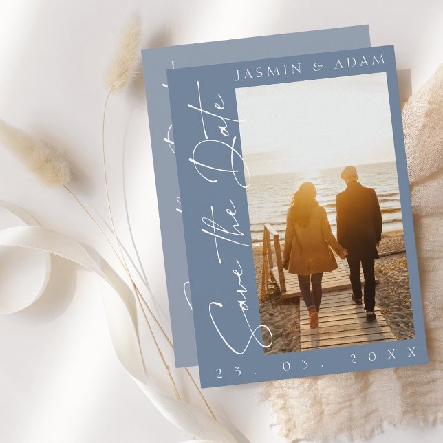 Modern Dusty Blue Script Photo Wedding Save The Date (Creator Uploaded)
