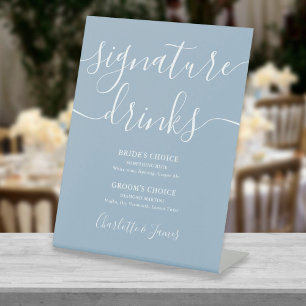 Modern Dusty Blue Script Wedding Signature Drinks Pedestal Sign