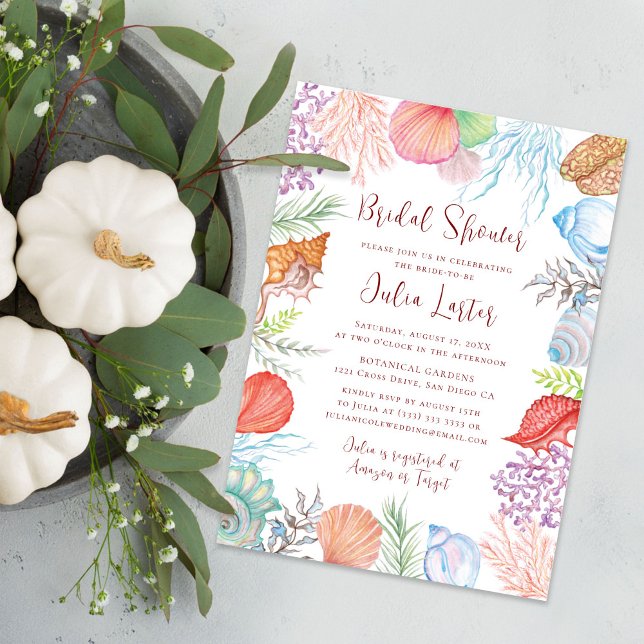 Modern Dusty Blue Sea Shell Beach Bridal Shower Invitation (Creator Uploaded)