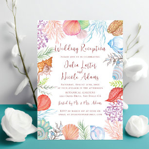 Modern Dusty Blue Seashell Beach Wedding Reception Invitation