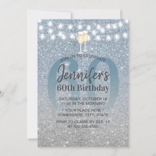 Modern Dusty BLue & Silver Glitter 60th Birthday Invitation