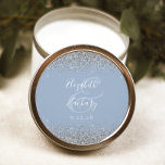 Modern Dusty Blue Silver Glitter Edge Wedding Classic Round Sticker<br><div class="desc">This elegant modern wedding sticker features a faux silver glitter design on the top and bottom edge. Easily customise the white text on a dusty blue background,  with the names of the bride and groom in handwriting calligraphy over a large ampersand.</div>