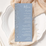 Modern Dusty Blue Silver Glitter Edge Wedding Menu<br><div class="desc">The left-hand edge of this elegant modern wedding menu features a silver faux glitter design. The customisable text combines white handwriting,  copperplate and italic fonts on a dusty blue background. The reverse side features a matching dusty blue and silver glitter design.</div>