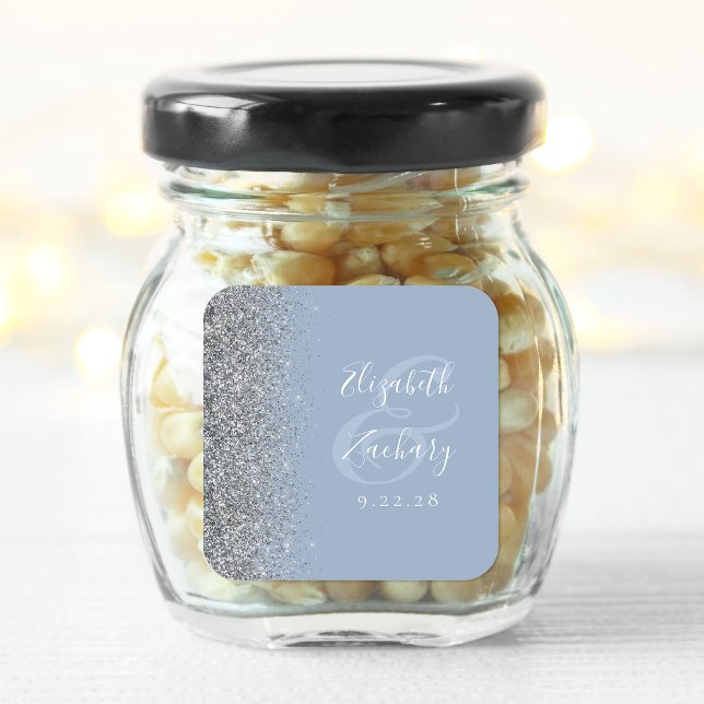 Modern Dusty Blue Silver Glitter Edge Wedding Square Sticker (Creator Uploaded)