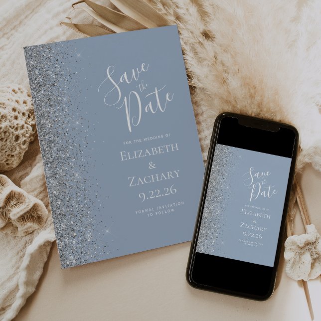 Modern Dusty Blue Silver Glitter Save the Date Announcement (Creator Uploaded)