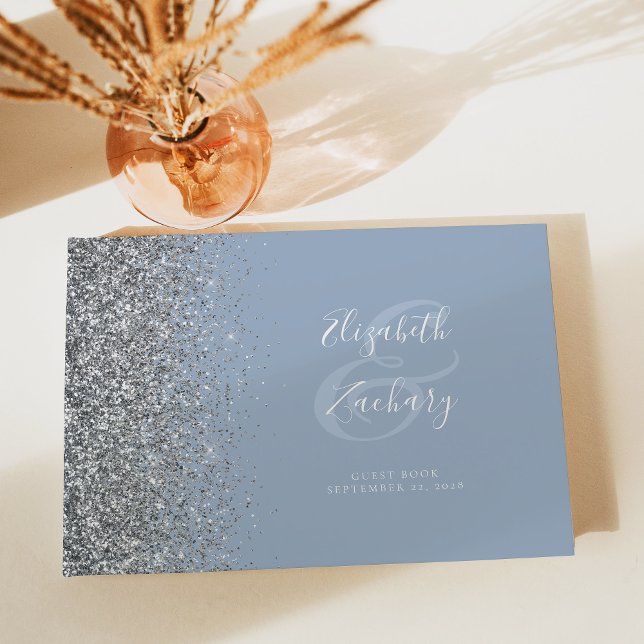 Modern Dusty Blue Silver Glitter Script Guest Book (Creator Uploaded)