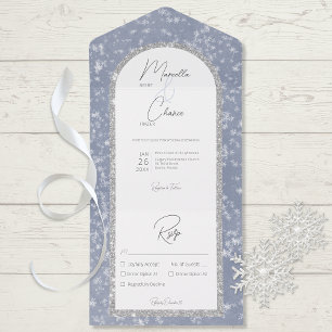 Modern Dusty Blue & Silver Glitter Snow Dinner     All In One Invitation