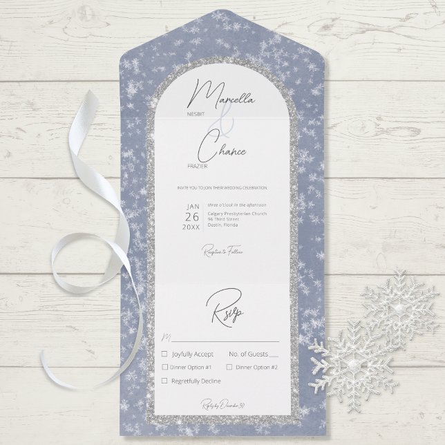 Modern Dusty Blue & Silver Glitter Snow Dinner     All In One Invitation (Creator Uploaded)