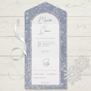 Modern Dusty Blue & Silver Glitter Snow No Dinner All In One Invitation