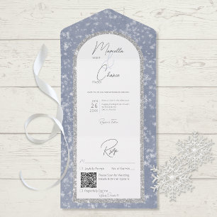 Modern Dusty Blue & Silver Glitter Snow QR Code All In One Invitation