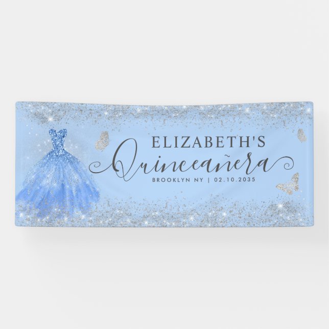 Modern Dusty Blue Silver Gown Quinceañera Welcome Banner (Horizontal)