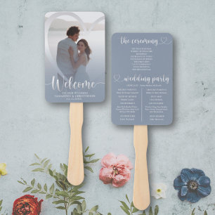 Modern Dusty Blue & Silver Heart Wedding Program Hand Fan