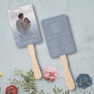 Modern Dusty Blue & Silver White Wedding Program Hand Fan