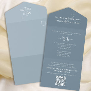 Modern Dusty Blue Simple Minimalist QR Code RSVP All In One Invitation