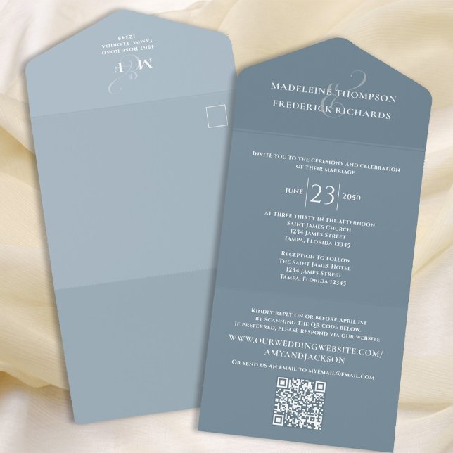 Modern Dusty Blue Simple Minimalist QR Code RSVP All In One Invitation (Creator Uploaded)