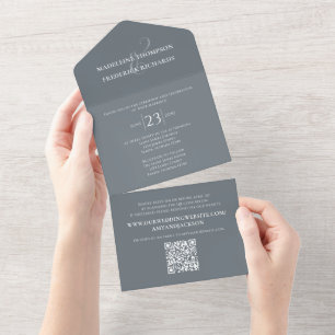 Modern Dusty Blue Simple Minimalist QR Code RSVP All In One Invitation
